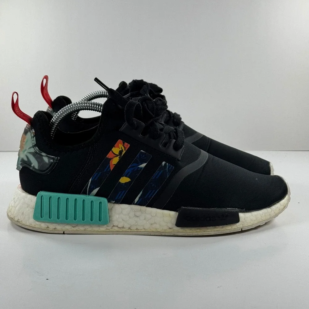Adidas NMD R1 Core Black Floral Stripes Teal Accents Sneakers‎ FY3665 Mens 9